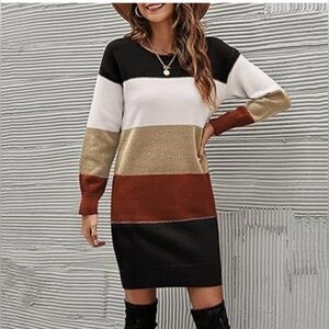 Colorblock Sweater Dress - Black, White, Gold, Brown….006-Hanger